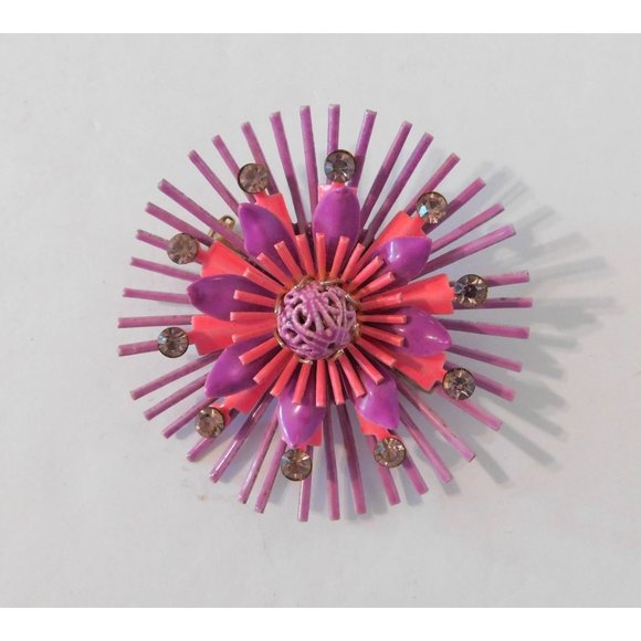 Vintage Starburst Pin Pink Purple Flower Crystals Statement Brooch Metal 2.5 In - Picture 5 of 7